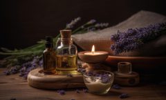 Generative AI image of a lavender oil bottle and candle on a wooden table