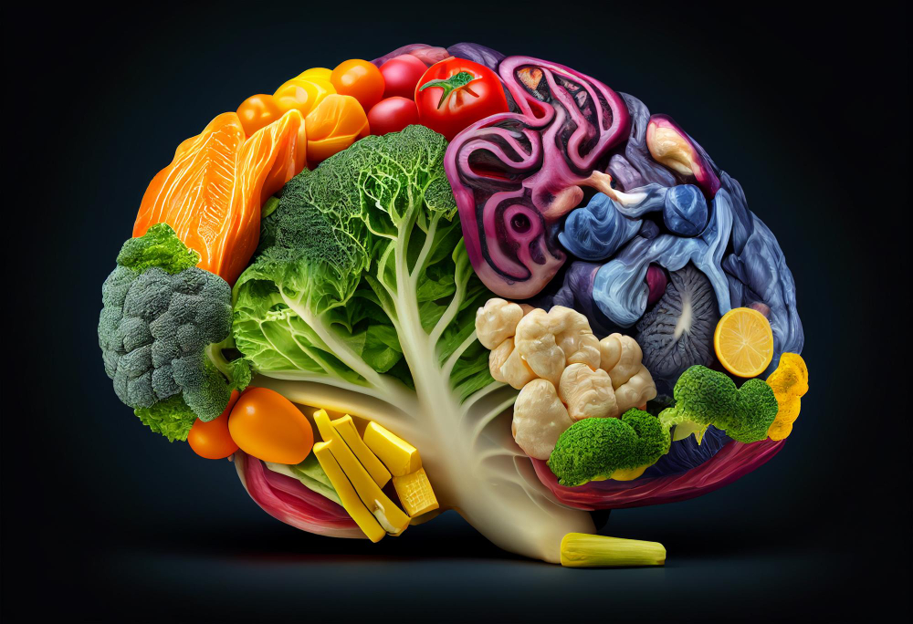 Plate of brain-boosting foods including blueberries, nuts, broccoli, avocado, and quinoa on a white background A plate with a variety of colorful brain-boosting foods, including blueberries, nuts, broccoli, avocado, and quinoa, arranged in a circular pattern on a white background
